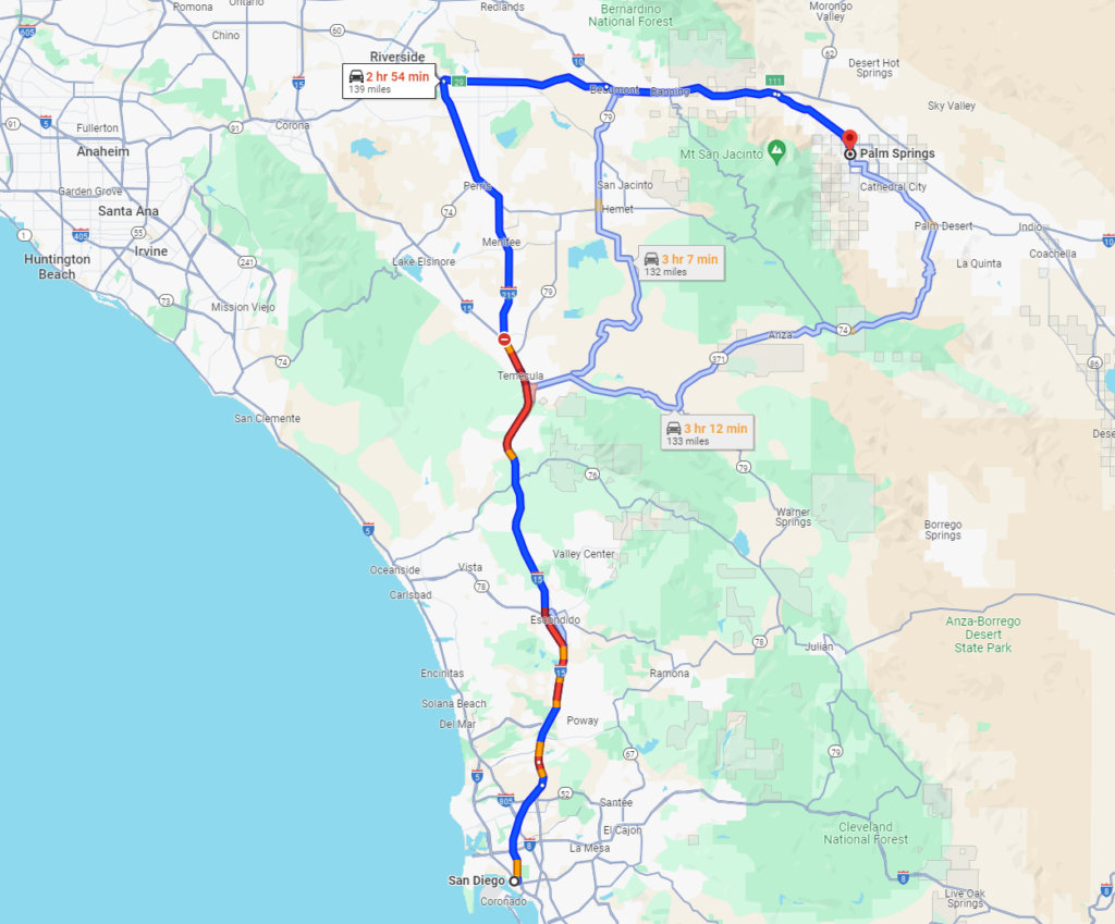 routes from San Diego To Palm Springs