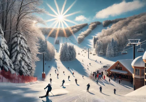 Skiers enjoying the slopes at Alpine Valley Resort during winter, with snow-covered trees in the background and clear blue skies