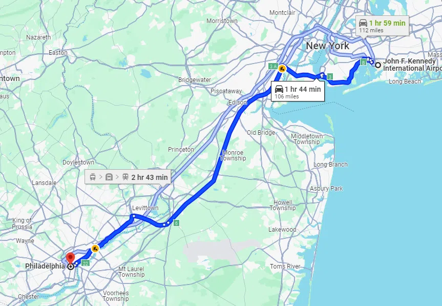 Routes from JFK to Philadelphia